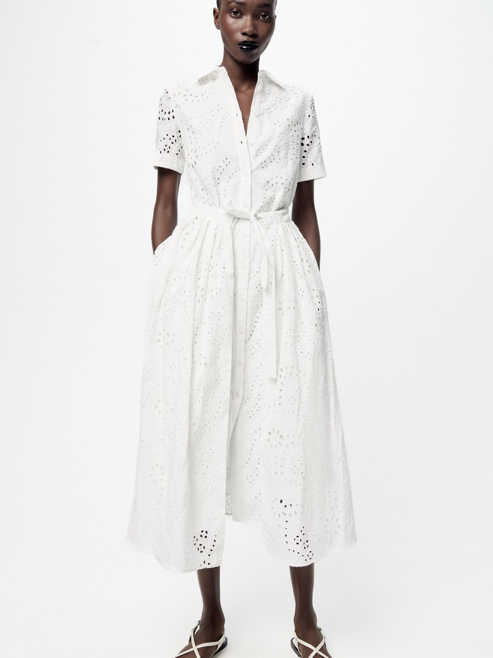 Zara White Eyelet Dress with Tie Waist